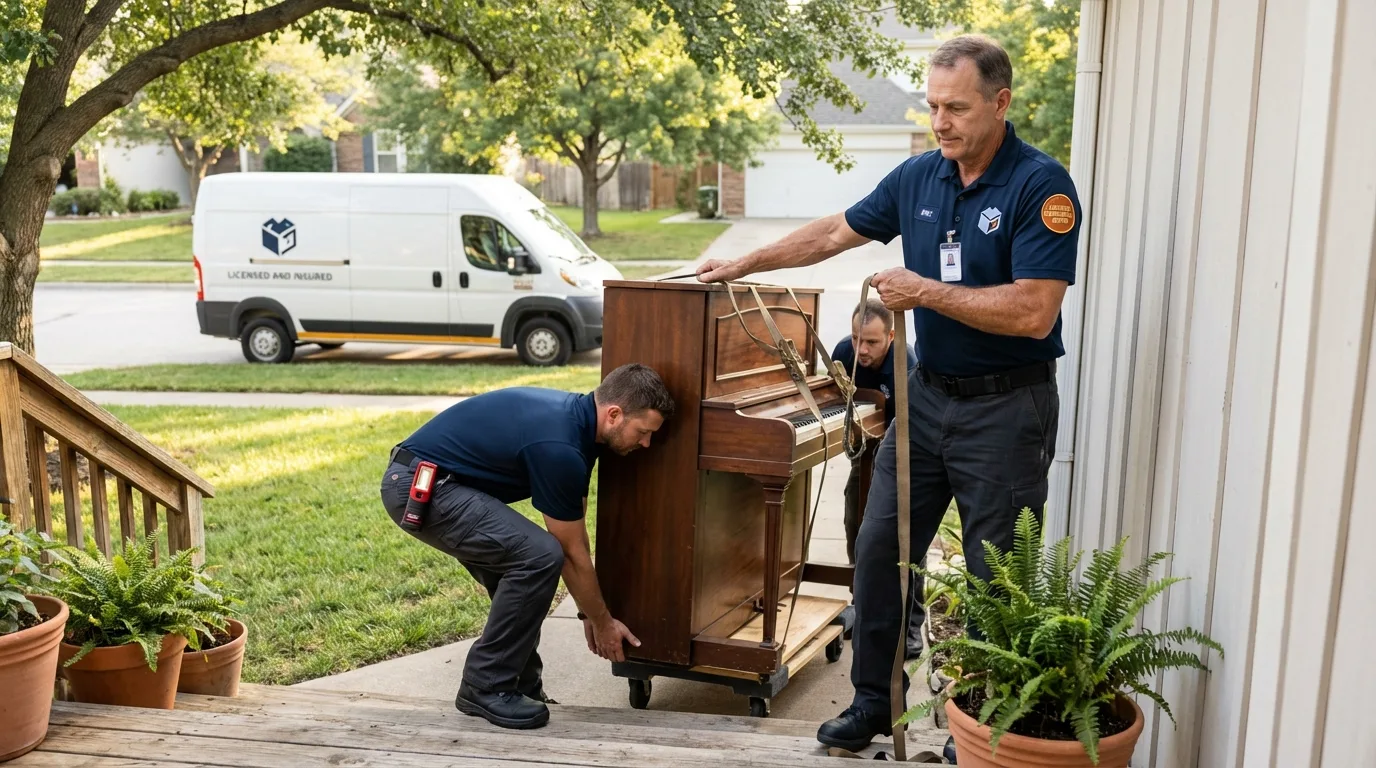 Licensed piano movers securing grand piano in Bradford, PA