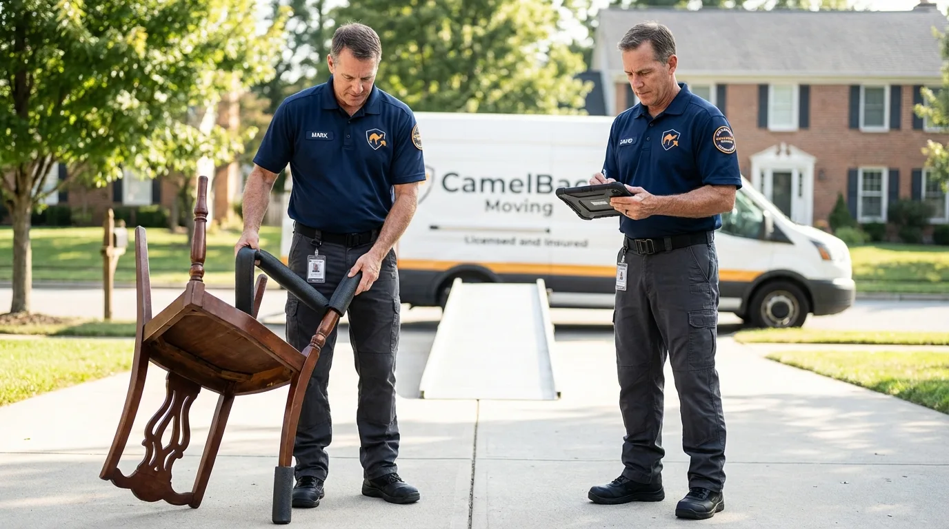 Movers inspecting furniture for damage prevention before loading in Bradford, PA
