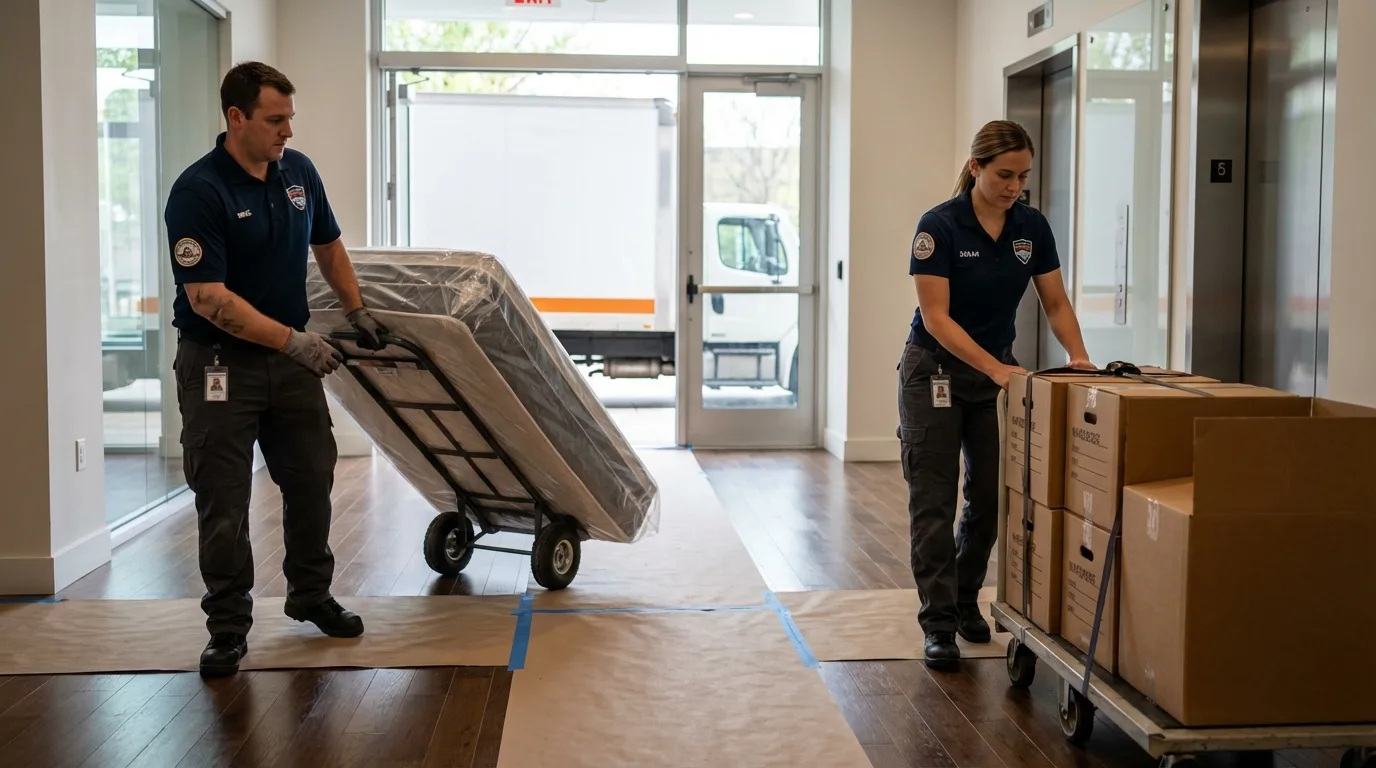 Professional apartment movers loading elevator in Bradford, PA